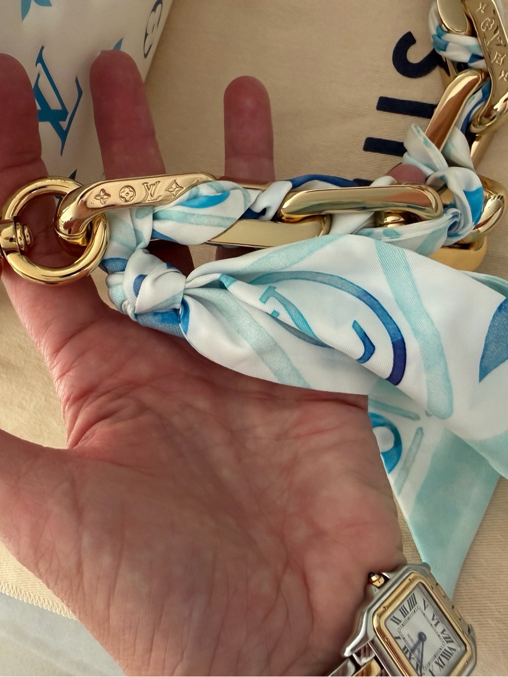 Louis Vuitton Coussin PM By The Pool M11225 Blue White Scarf Chain Authentic - Picture 13 of 15